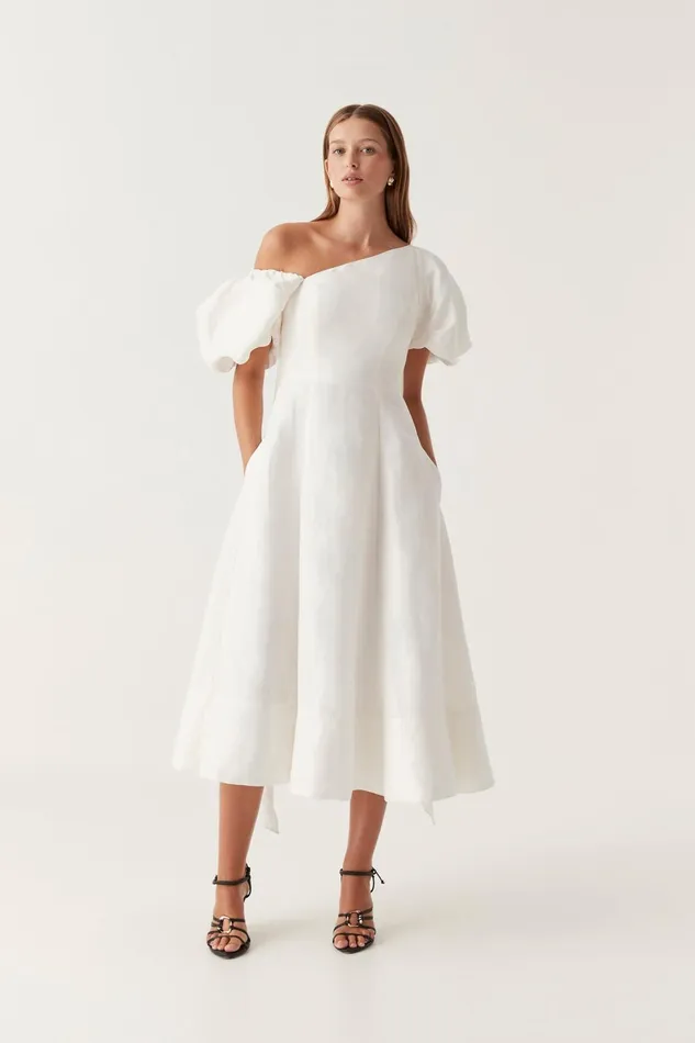 Women Arista Tulip Sleeve Midi Dress Ivory Aje Dresses