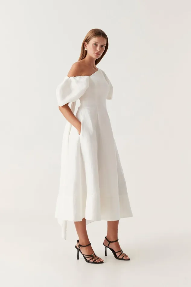 Women Arista Tulip Sleeve Midi Dress Ivory Aje Dresses