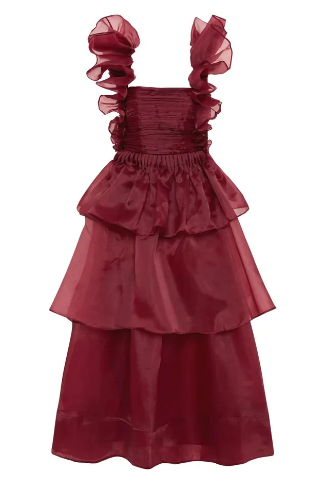 Women Asra Pleated Frill Midi Dress Mahogany Red Aje Dresses