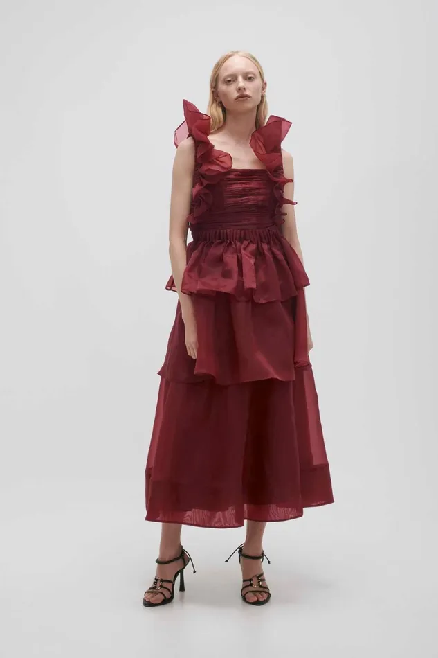 Women Asra Pleated Frill Midi Dress Mahogany Red Aje Dresses