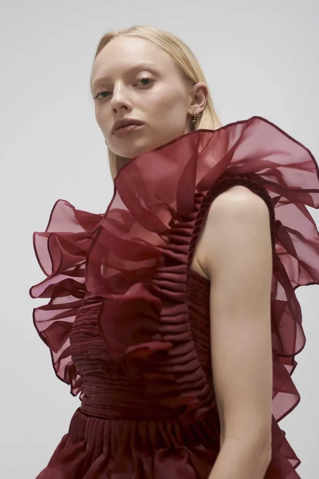 Women Asra Pleated Frill Midi Dress Mahogany Red Aje Dresses