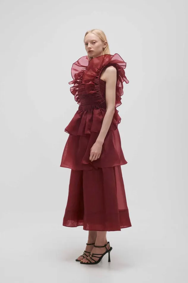Women Asra Pleated Frill Midi Dress Mahogany Red Aje Dresses