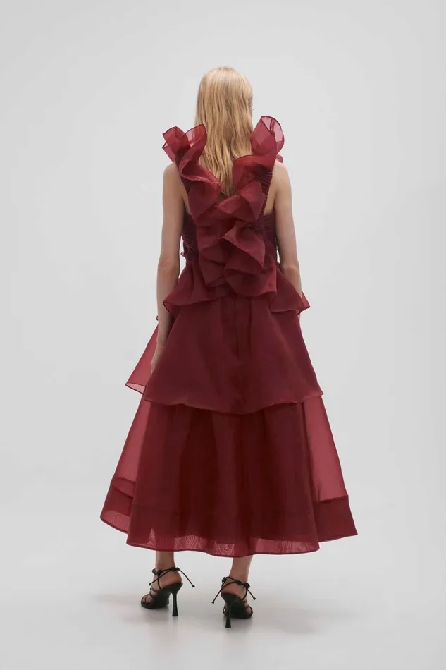 Women Asra Pleated Frill Midi Dress Mahogany Red Aje Dresses