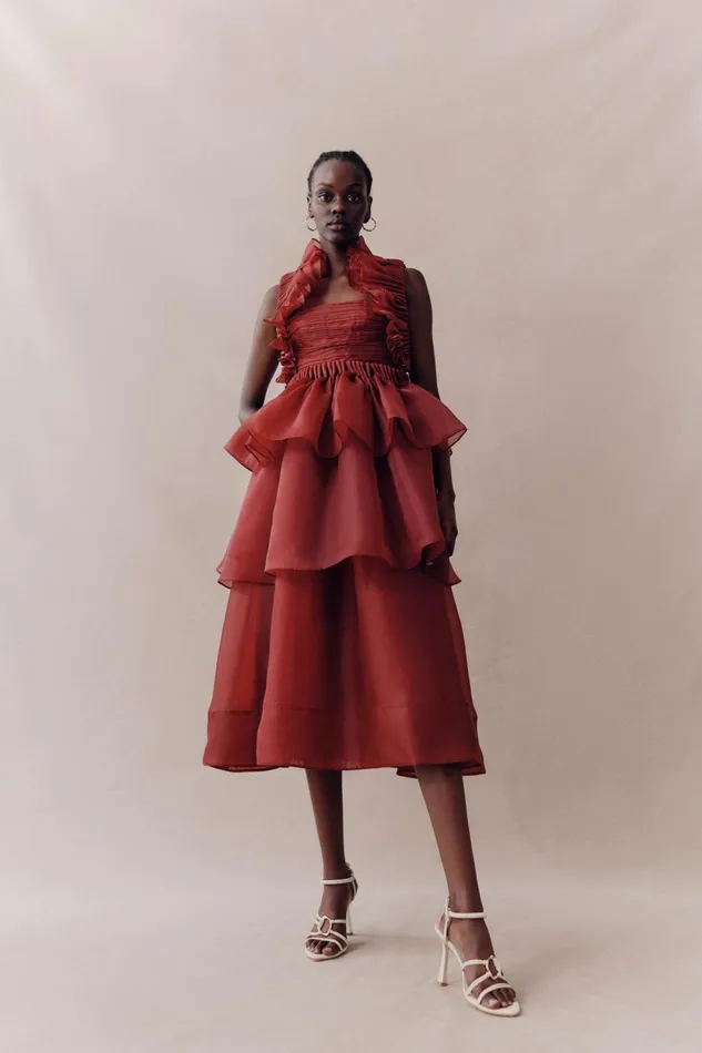 Women Asra Pleated Frill Midi Dress Mahogany Red Aje Dresses