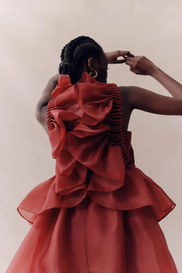 Women Asra Pleated Frill Midi Dress Mahogany Red Aje Dresses
