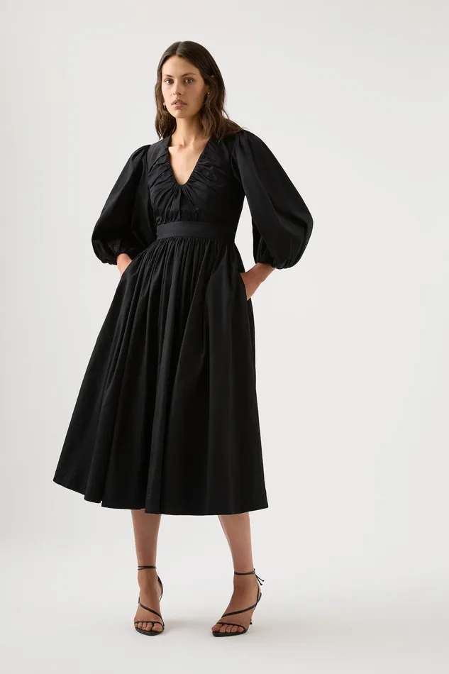 Women Audrey Waisted Midi Dress Black Aje Dresses