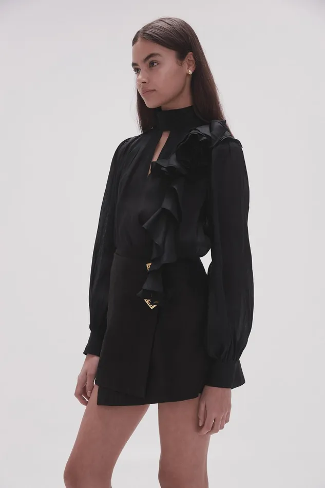 Women Aura Frilled Tie Blouse Black Aje Tops