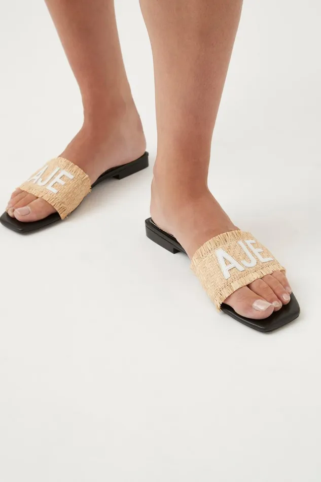 Women Aurora Raffia Logo Flat Sandal Naturalblack Aje Shoes