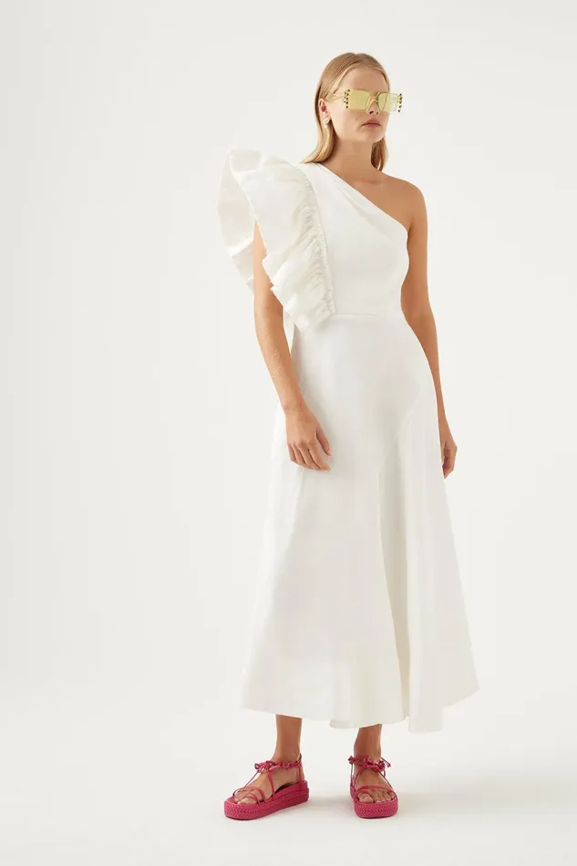 Women Bonjour Asymmetric Midi Dress Ivory Aje Dresses