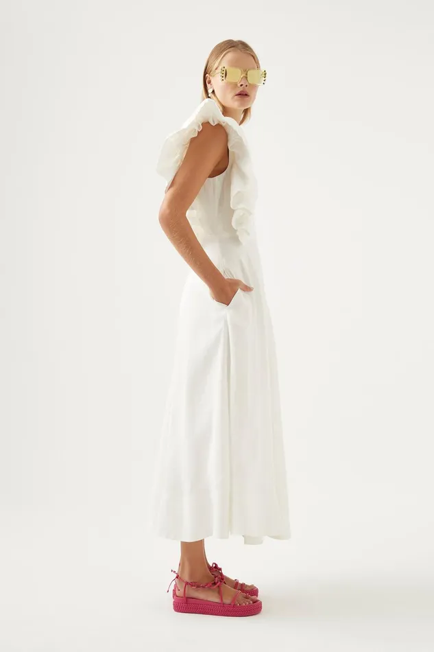 Women Bonjour Asymmetric Midi Dress Ivory Aje Dresses