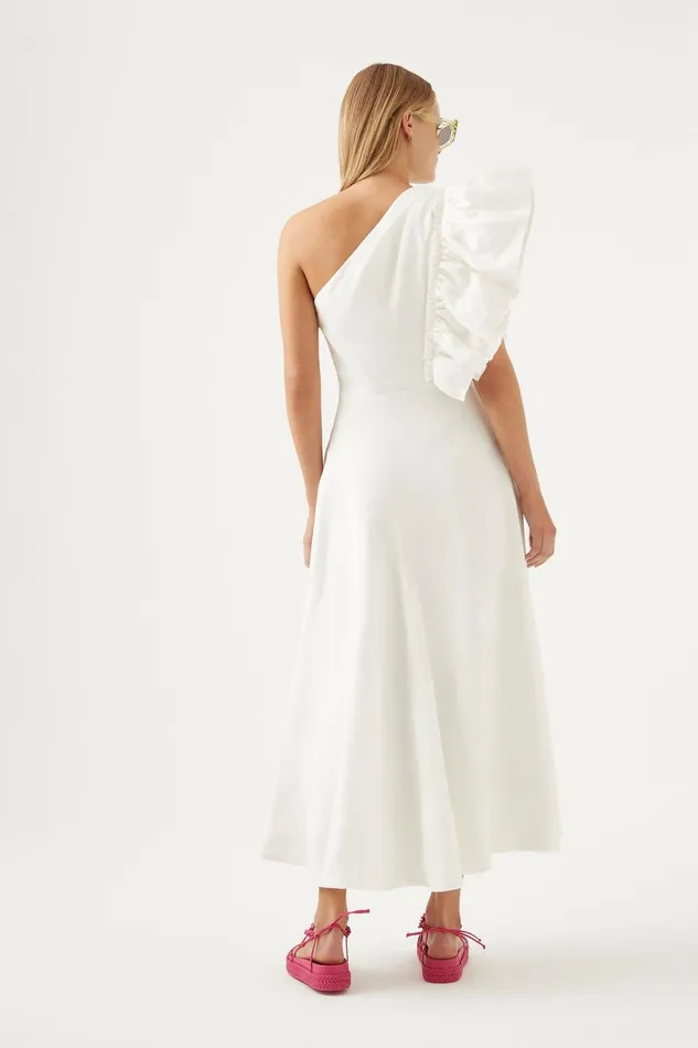 Women Bonjour Asymmetric Midi Dress Ivory Aje Dresses