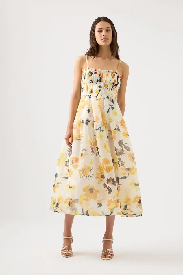 Women Botanica Cross Back Midi Dress Pressed Sunflowers Aje Dresses