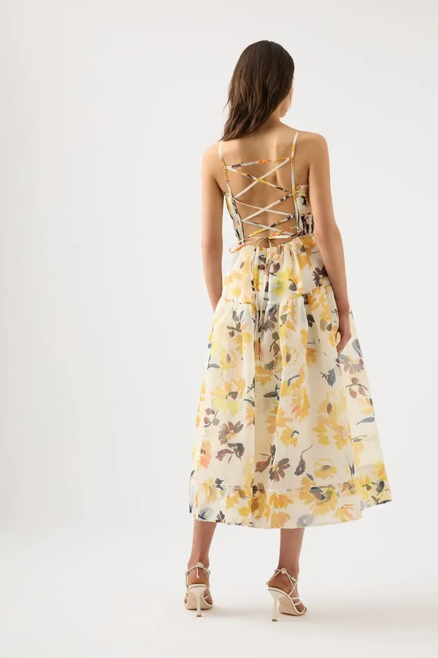 Women Botanica Cross Back Midi Dress Pressed Sunflowers Aje Dresses