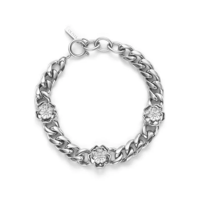 Women Bracelets Olivia Burton Tudor Rose Silver Tone Link Chain Bracelet