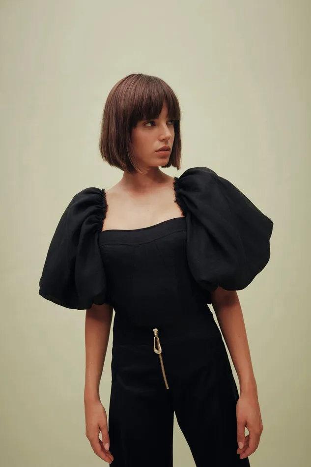 Women Cecile Puff Sleeve Corset Top Black Aje Tops
