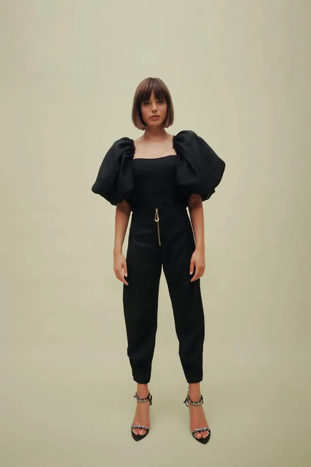 Women Cecile Puff Sleeve Corset Top Black Aje Tops