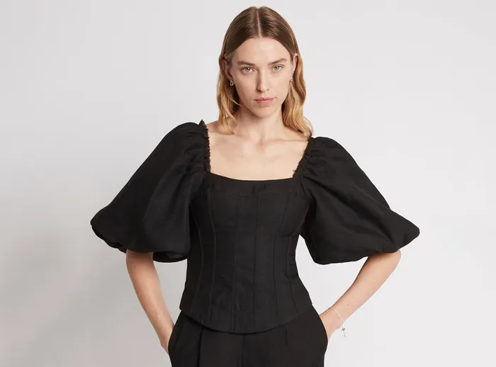 Women Cecile Puff Sleeve Corset Top Black Aje Tops