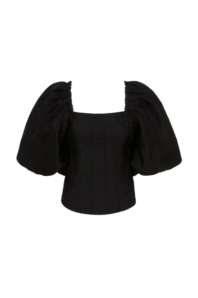 Women Cecile Puff Sleeve Corset Top Black Aje Tops