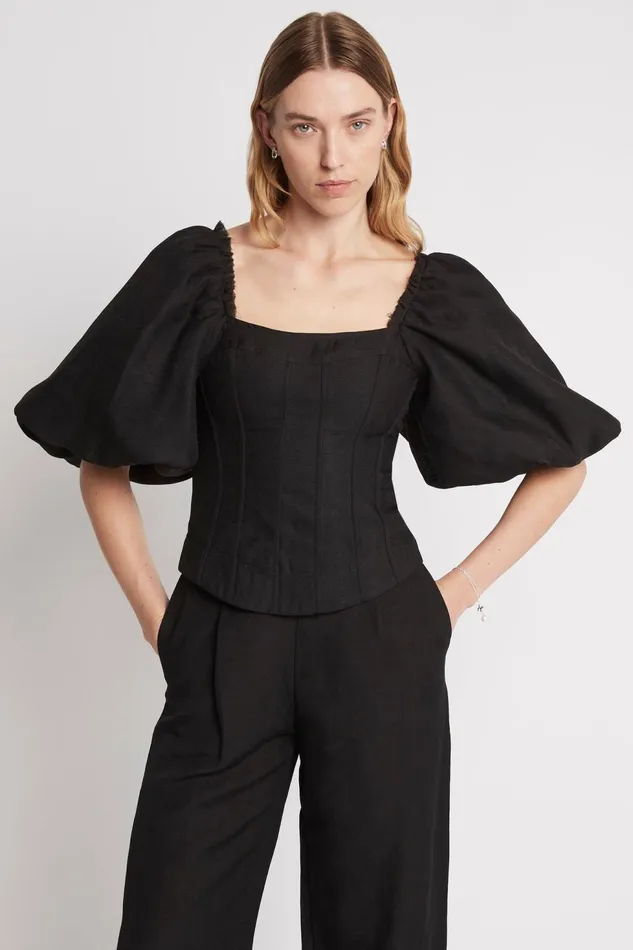 Women Cecile Puff Sleeve Corset Top Black Aje Tops