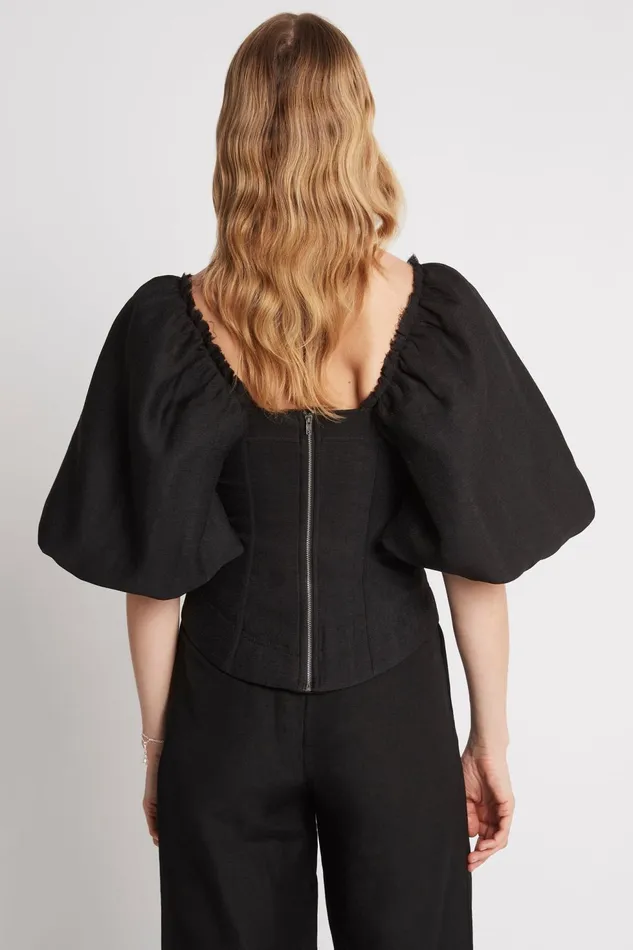 Women Cecile Puff Sleeve Corset Top Black Aje Tops