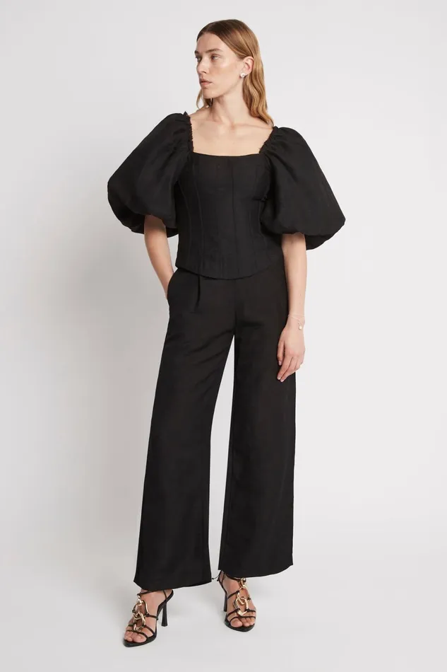 Women Cecile Puff Sleeve Corset Top Black Aje Tops