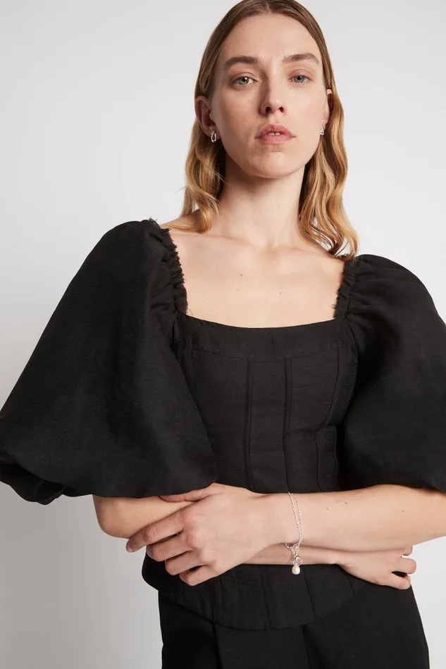 Women Cecile Puff Sleeve Corset Top Black Aje Tops