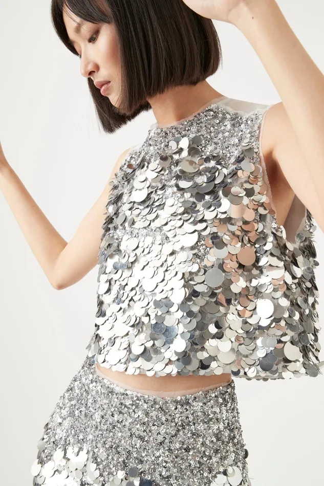 Women Celeste Sequin Shell Top Silver Aje Tops