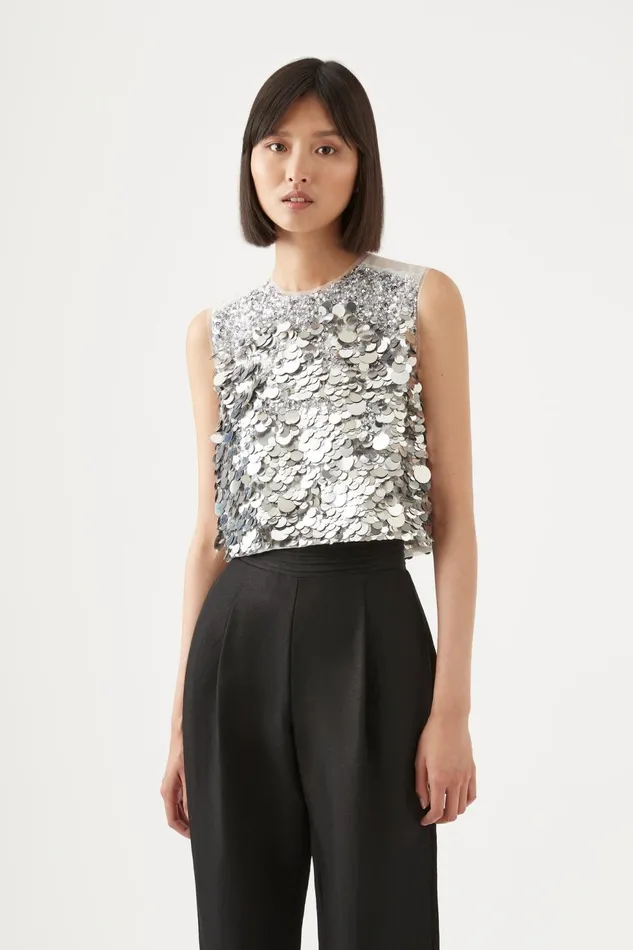 Women Celeste Sequin Shell Top Silver Aje Tops