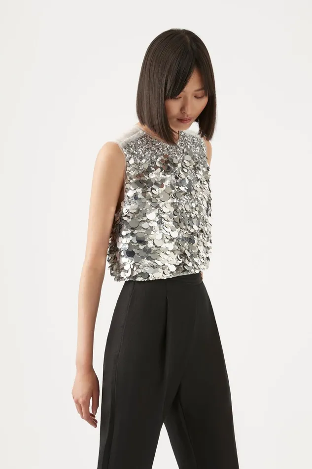 Women Celeste Sequin Shell Top Silver Aje Tops