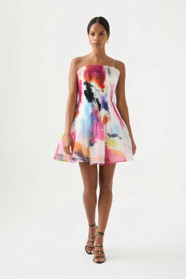 Women Celestial Pleated Mini Dress Abstract Sunset Aje Dresses