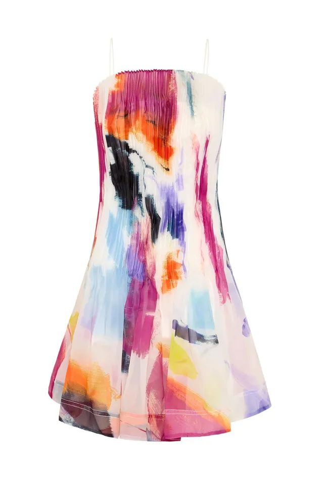 Women Celestial Pleated Mini Dress Abstract Sunset Aje Dresses
