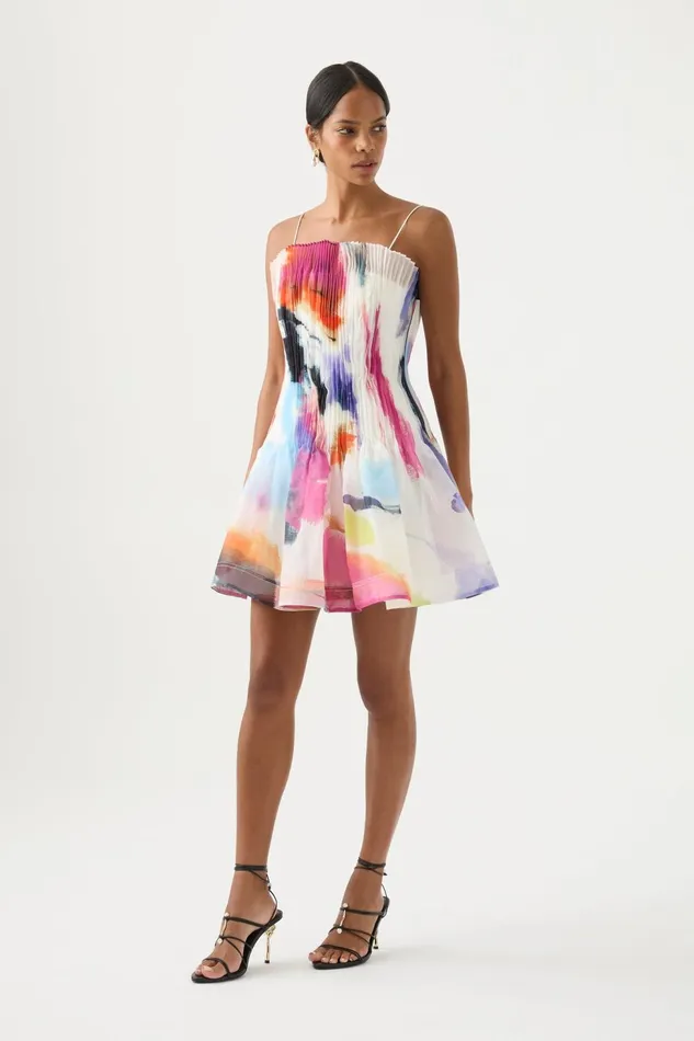 Women Celestial Pleated Mini Dress Abstract Sunset Aje Dresses