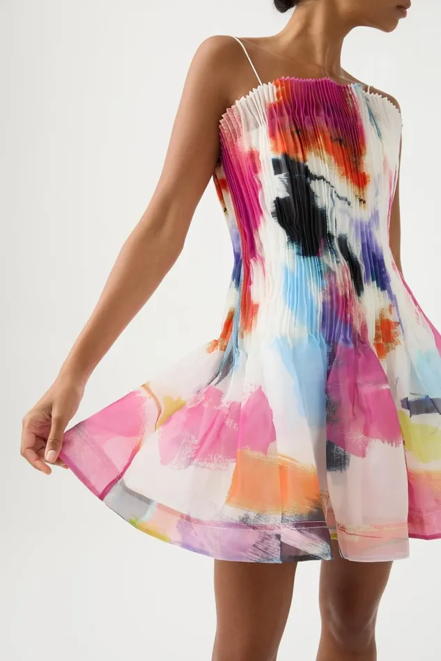 Women Celestial Pleated Mini Dress Abstract Sunset Aje Dresses