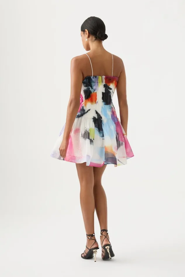 Women Celestial Pleated Mini Dress Abstract Sunset Aje Dresses