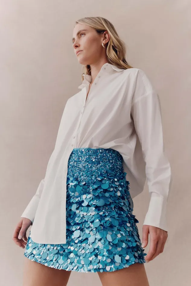 Women Cherie Sequin Mini Skirt Azure Blue Aje Skirts