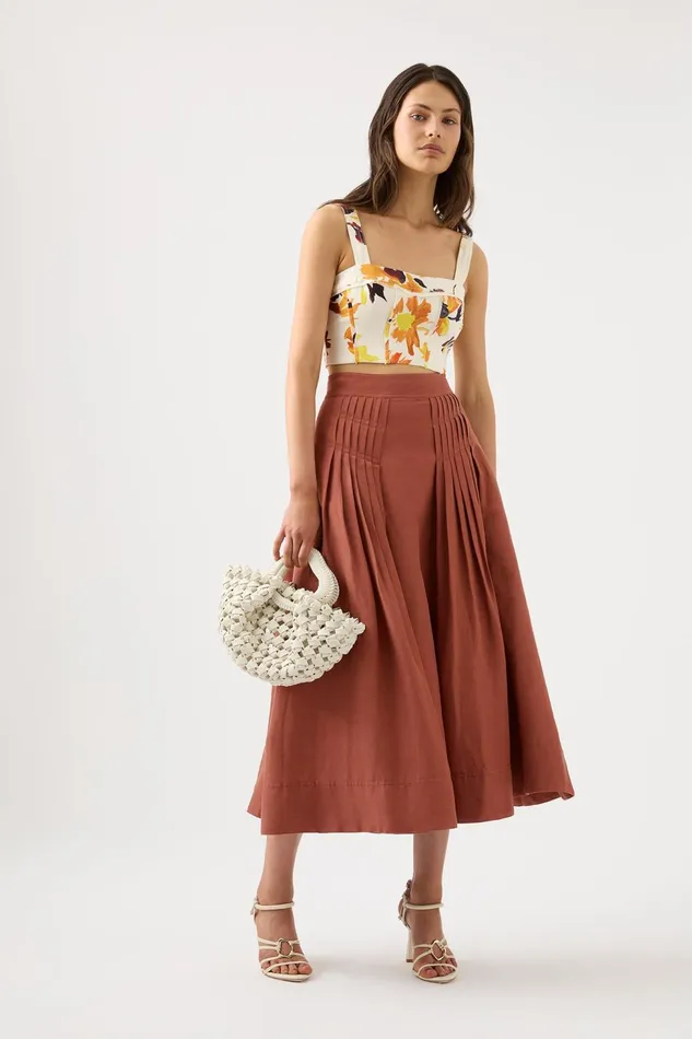 Women Chloe Tuck Detail Midi Skirt Coffee Aje Skirts