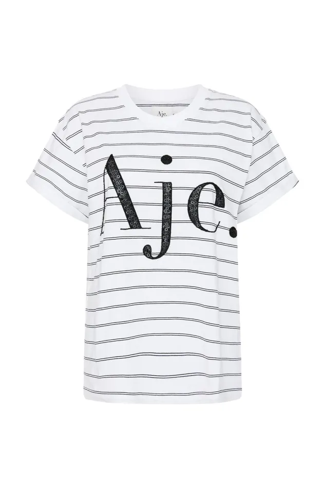 Women Classic Embellished Logo Tee Blackwhite Stripe Aje Tees