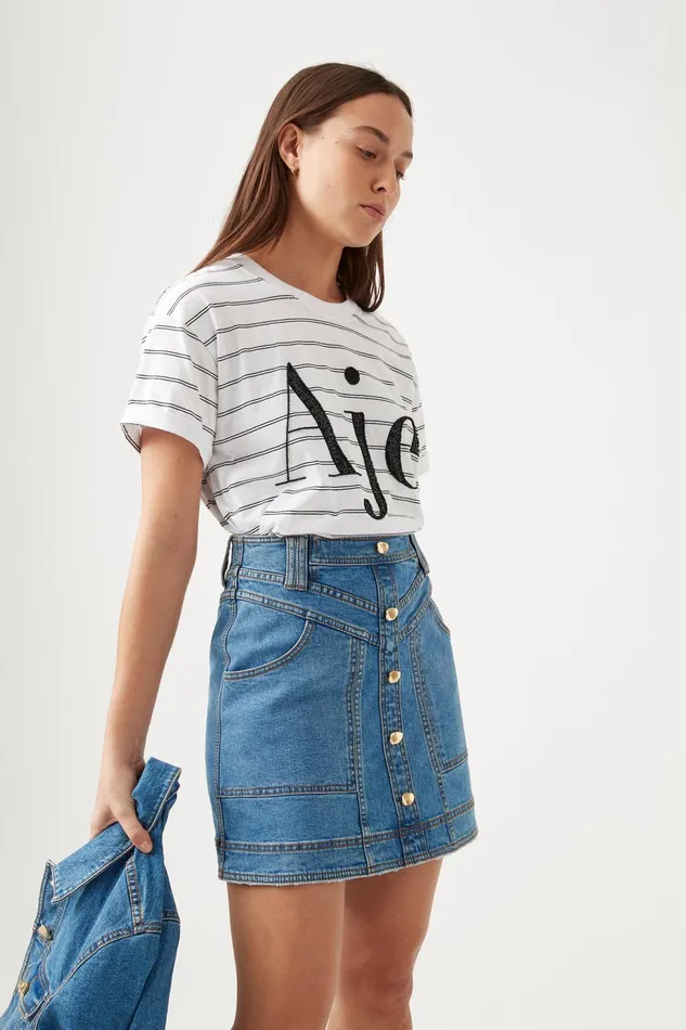 Women Classic Embellished Logo Tee Blackwhite Stripe Aje Tees