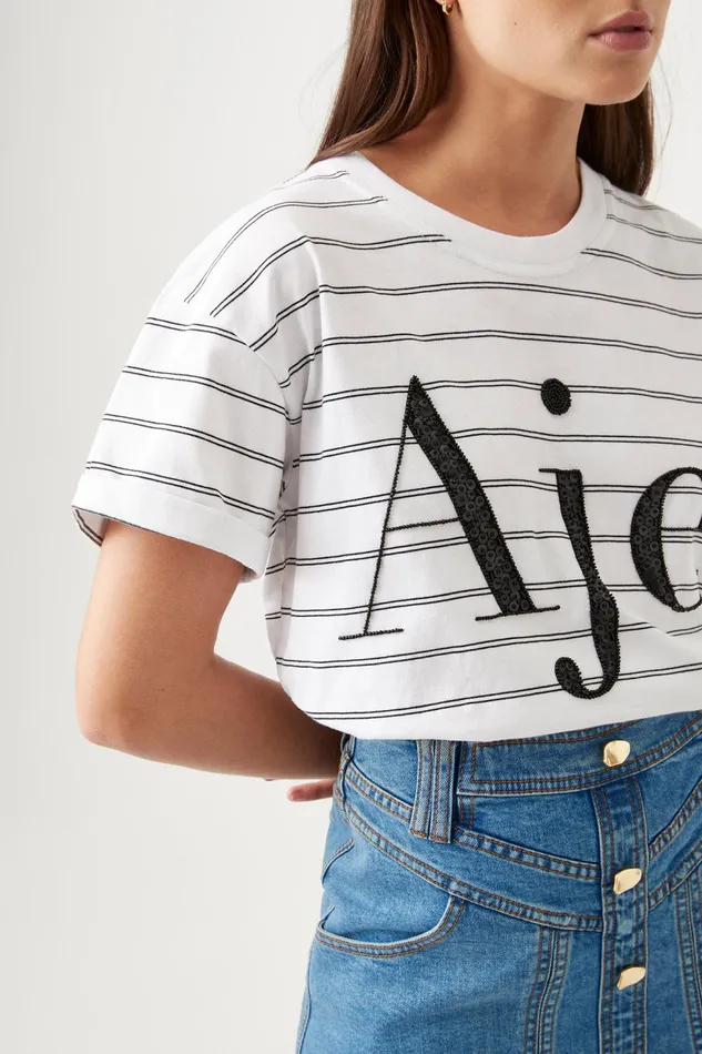 Women Classic Embellished Logo Tee Blackwhite Stripe Aje Tees