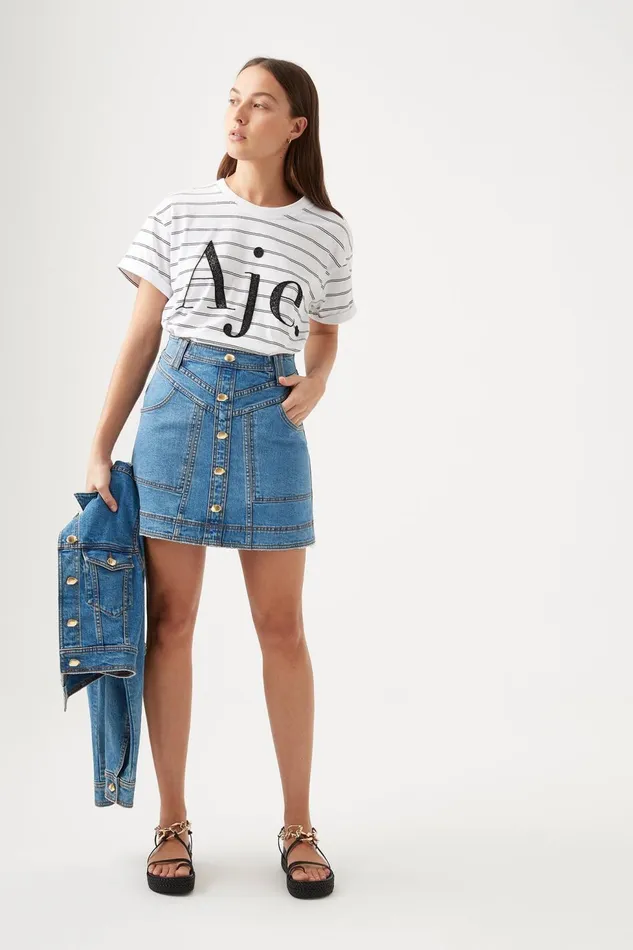 Women Classic Embellished Logo Tee Blackwhite Stripe Aje Tees