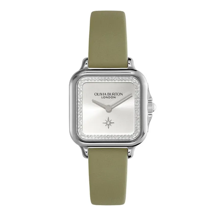 Women Classic Watches Olivia Burton 28mm Grosvenor Silver and Sage Green Leather Strap Watch