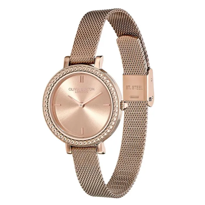 Women Classic Watches Olivia Burton 30mm Vintage Bead Rose Gold Mesh Watch