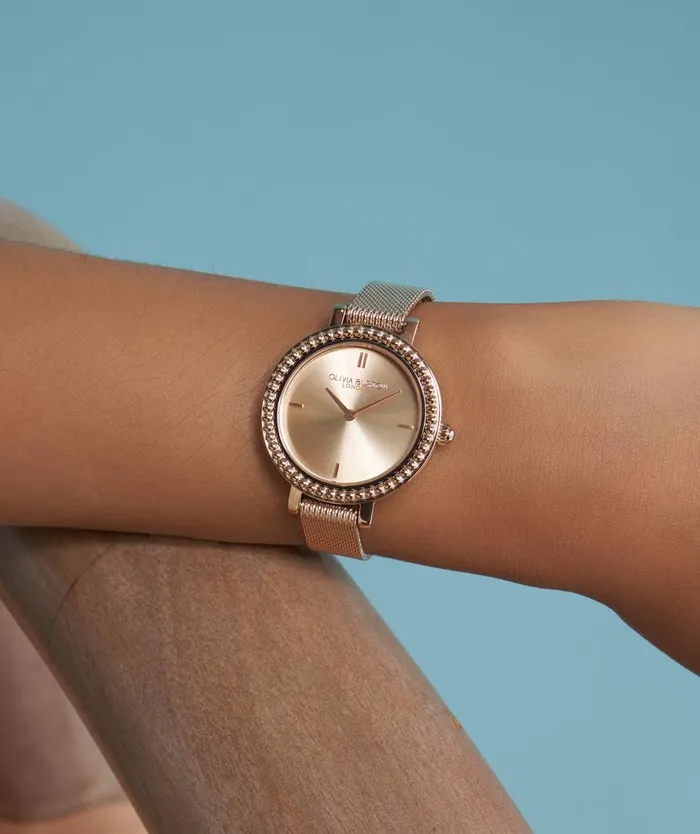 Women Classic Watches Olivia Burton 30mm Vintage Bead Rose Gold Mesh Watch