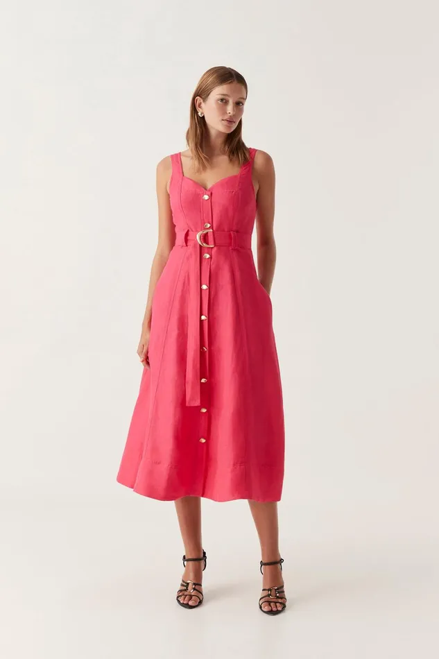 Women Clay Belted Midi Dress Bougainvillea Red Aje Dresses