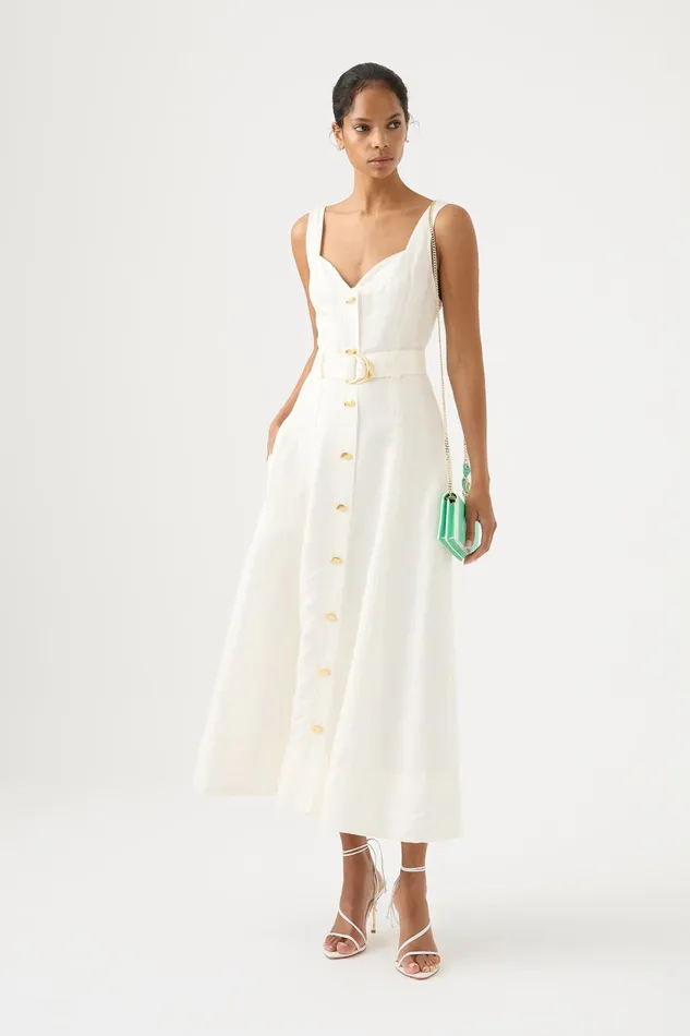 Women Clay Belted Midi Dress Ivory Aje Dresses