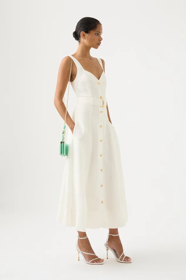 Women Clay Belted Midi Dress Ivory Aje Dresses