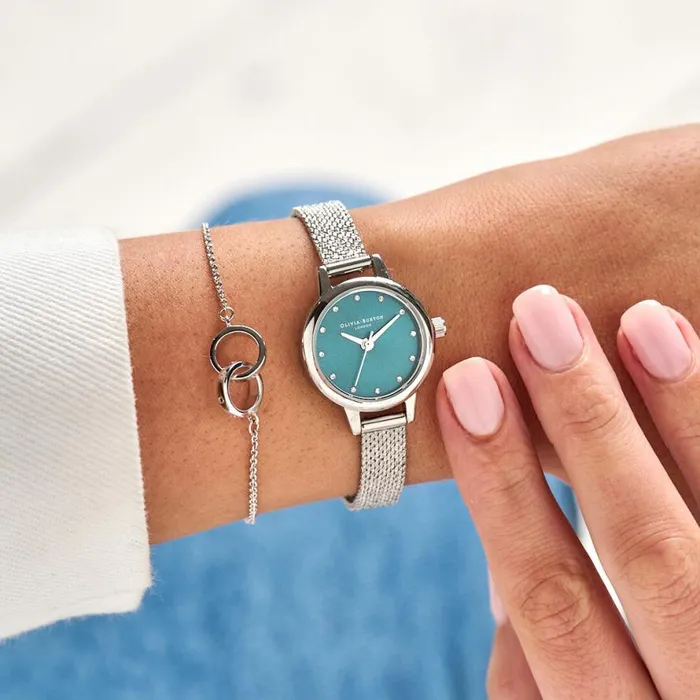 Women Color Dial Watches Olivia Burton 23mm Teal and Silver Mesh Watch