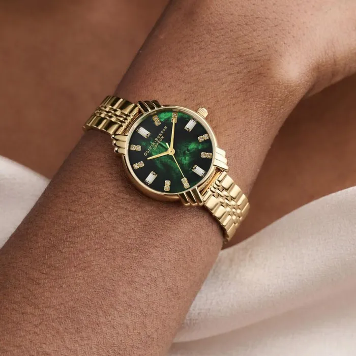 Women Color Dial Watches Olivia Burton 30mm Emerald and Gold Bracelet Watch