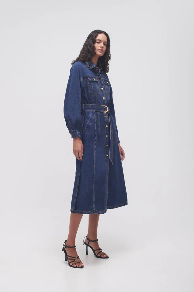 Women Colorado Denim Midi Dress Washed Indigo Aje Denim
