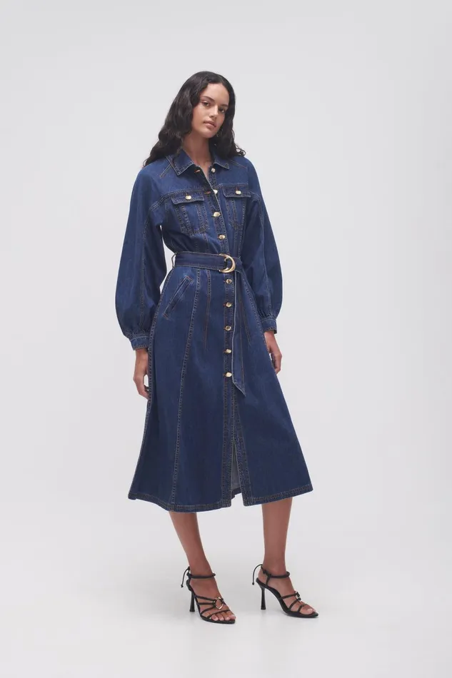 Women Colorado Denim Midi Dress Washed Indigo Aje Denim